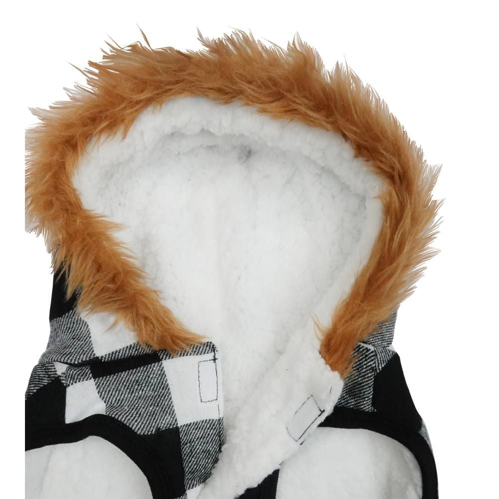 Holiday Time Dog Clothes: Hooded Jacket for Fall & Winter, Black & White Buffalo Plaid, Size XS-XL