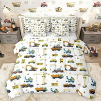 Homewish Construction Vehicle Excavator 7-Piece Twin Bedding Sets,Crane Bulldozer Truck Bedding Comforter Set,White Blue Yellow Sheet Sets For Teens Kid,Luxury Bedroom Decor