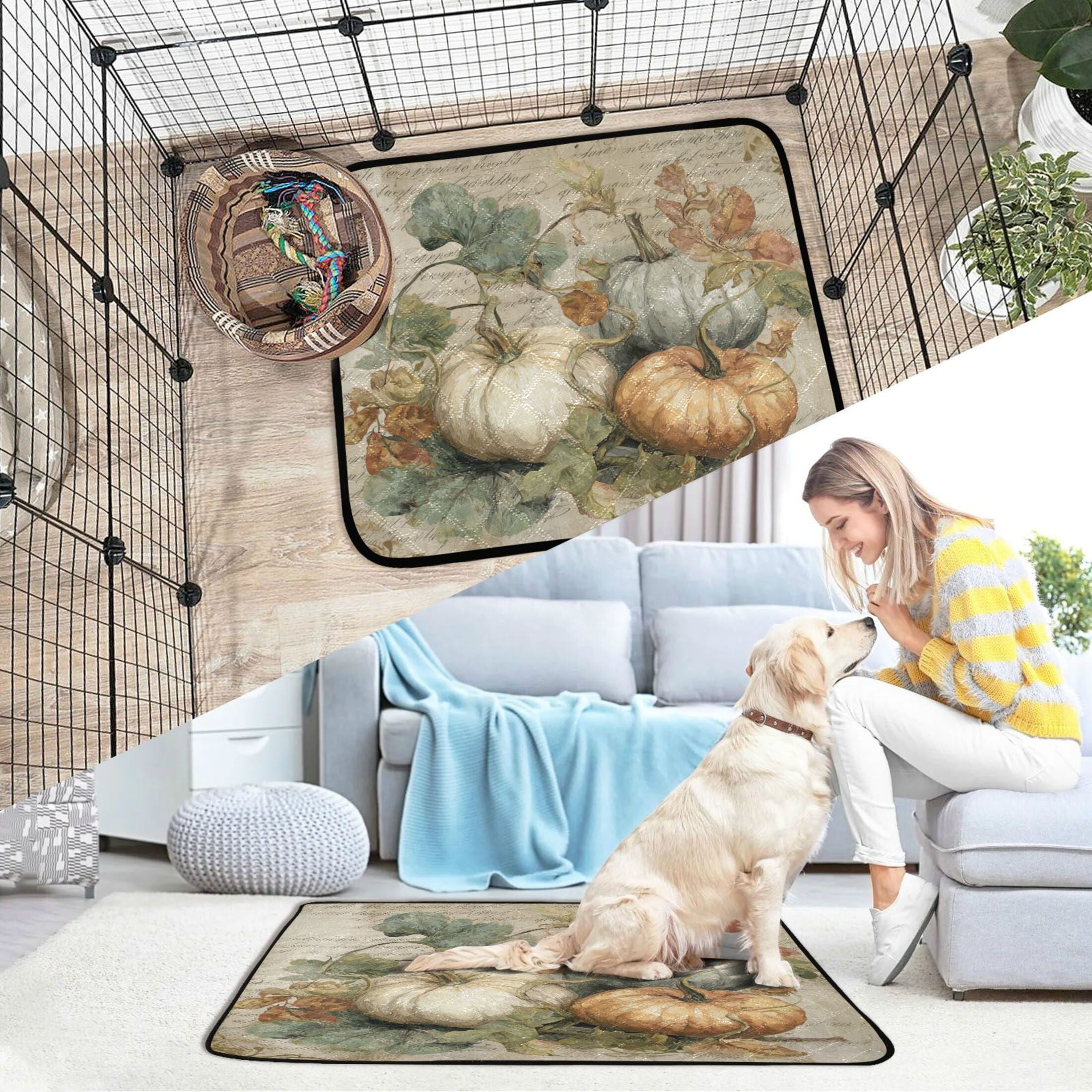 Qxltty Fall Pumpkin Maple Leaf Cat litter Pads Pet Set of 2 Diaper Mats Center Anti-leakage Layer Absorbent Soft and Comfortable
