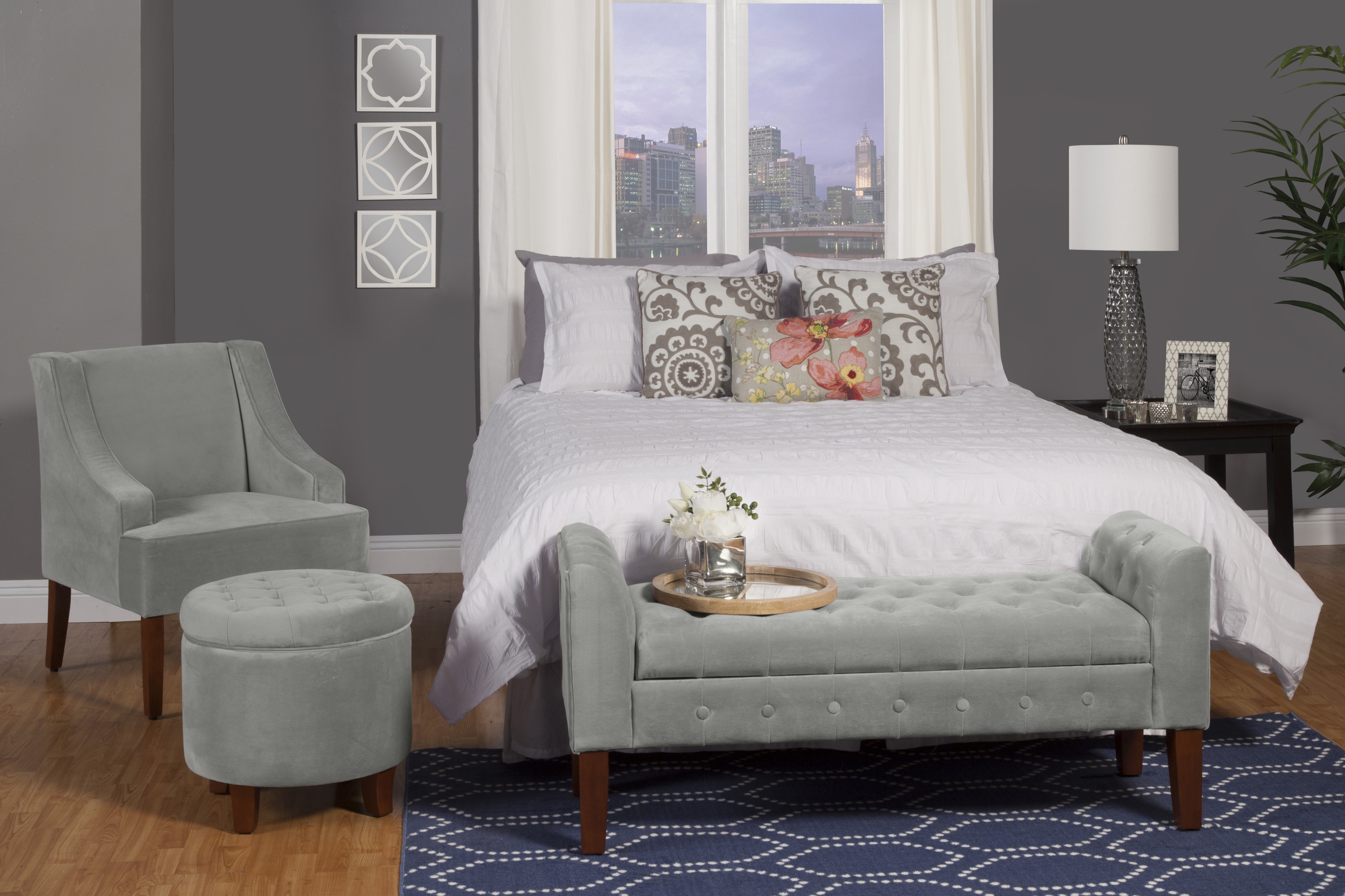 Button Tufted Velvet Upholstered Wooden Ottoman with Hidden Storage Light Gray and Brown - Saltoro Sherpi