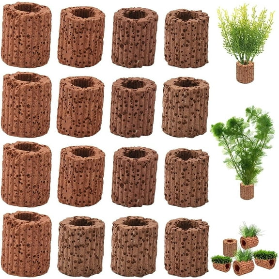 16Pcs Aquatic Plant Holder Fish Plant Ring Lava Rock Small Reusable Column Coconut Brown Water Grass Floating Cultivation Pot Fixed Rings Accessories for Fish Tanks Landscape DIY Decor