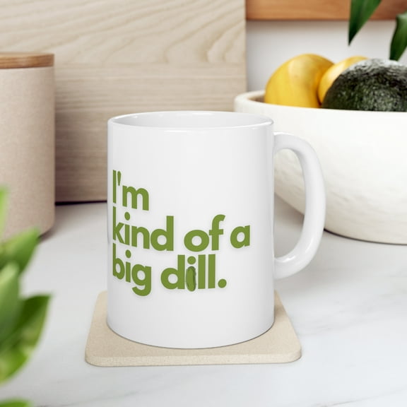 Big Dill Ceramic Mug, Funny Pickle Coffee Cup with Handle, 11oz, White, Green