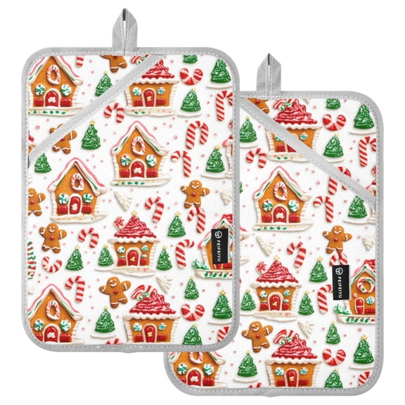 Ryvnso Christmas Cute House Pattern Oven Mitts Heat Resistant Pot Holders Set of 2 Hot Pads