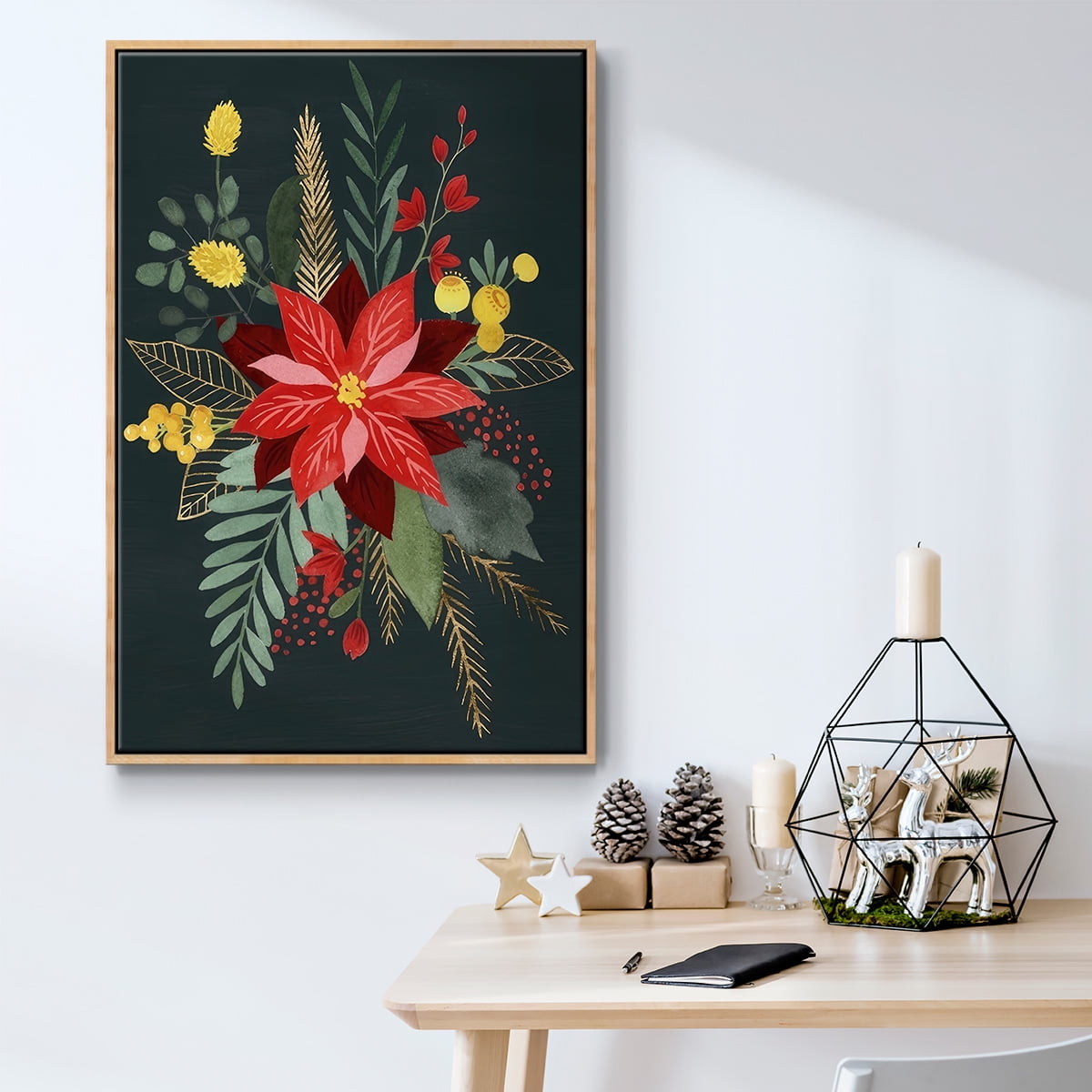 Bright Christmas Night Collection B - Framed Gallery Wrapped Holiday Canvas - 25 x 37 - Natural Wood Frame