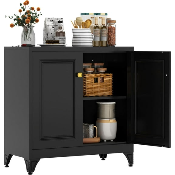 Buffet Cabinet with Storage, 33" H Metal Sideboard Cabinet 2 Doors, Black Kitchen Pantry with Adjustable Shelf, Coffee Bar Cabinets, Small Sideboard Storage for Kitchen, Living Room, Office