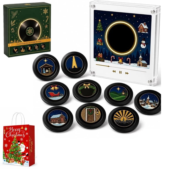 OYPGUE Christmas Fridge Magnet Music Player Set with 9 Vinyl Style Discs,Mini Vinyl Record Player-Inspired Magnetic Music Box with 9 NFC Discs and Phone-Free Playback