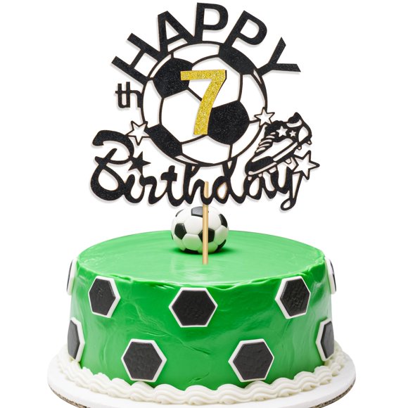 Cake topper FUNCANDLE de fútbol con glitter dorado para 7.º cumpleaños