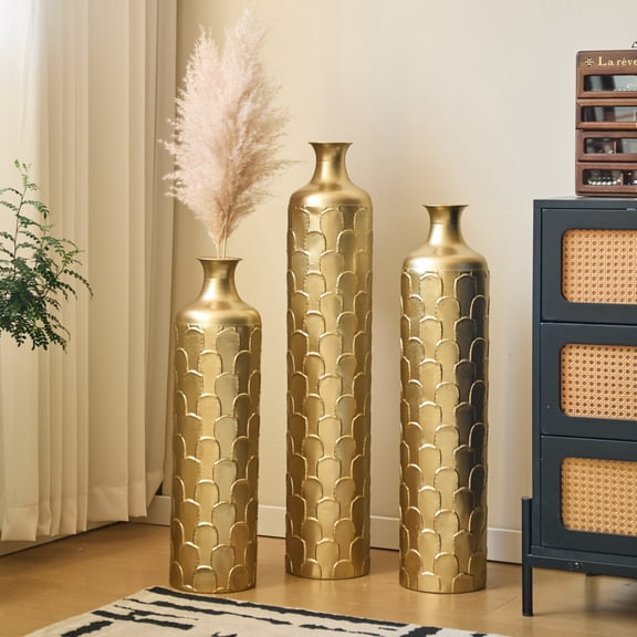 Noble House 25.2", 29.33", 34.25" Metal Floor Vase Set of 3, Geometric Textured Vases, Gold