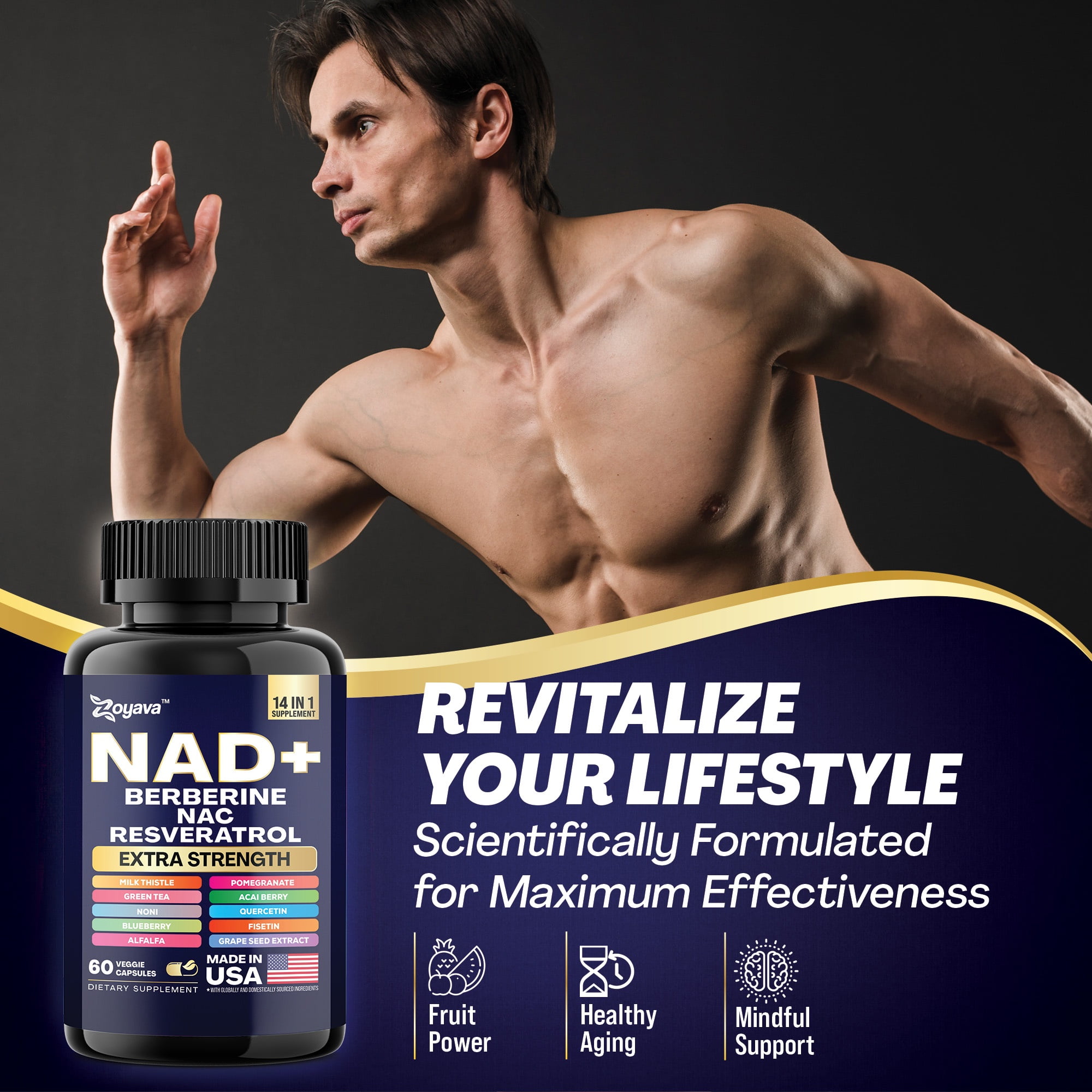 Zoyava NAD+ Supplement Blend with Berberine, Resveratrol, Milk Thistle, Green Tea, 14-in-1 Formula, 60 Capsules