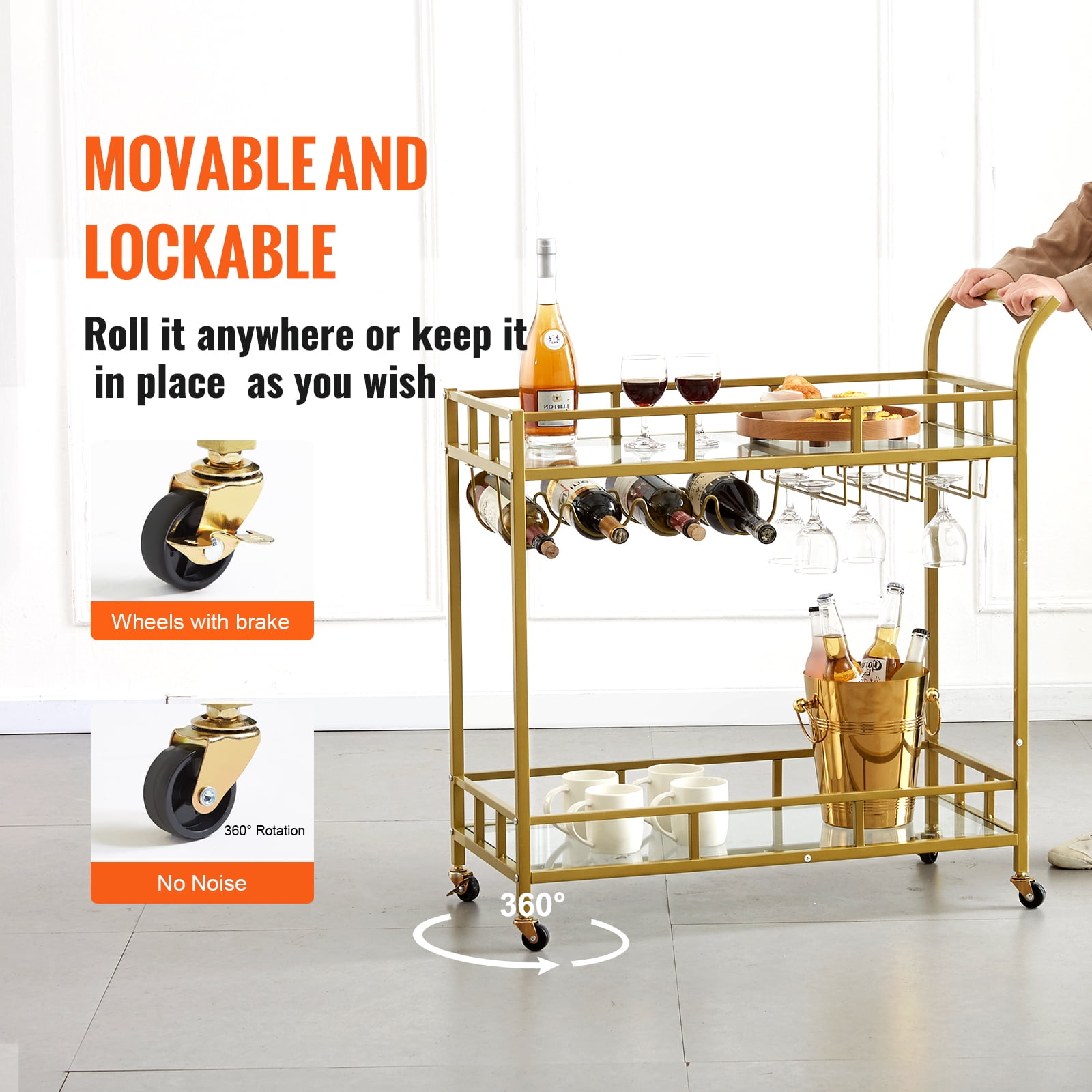 VEVOR 2 Tiers Gold Metal Bar Serving Cart with Wine Rack Glass Holder 120 lbs
