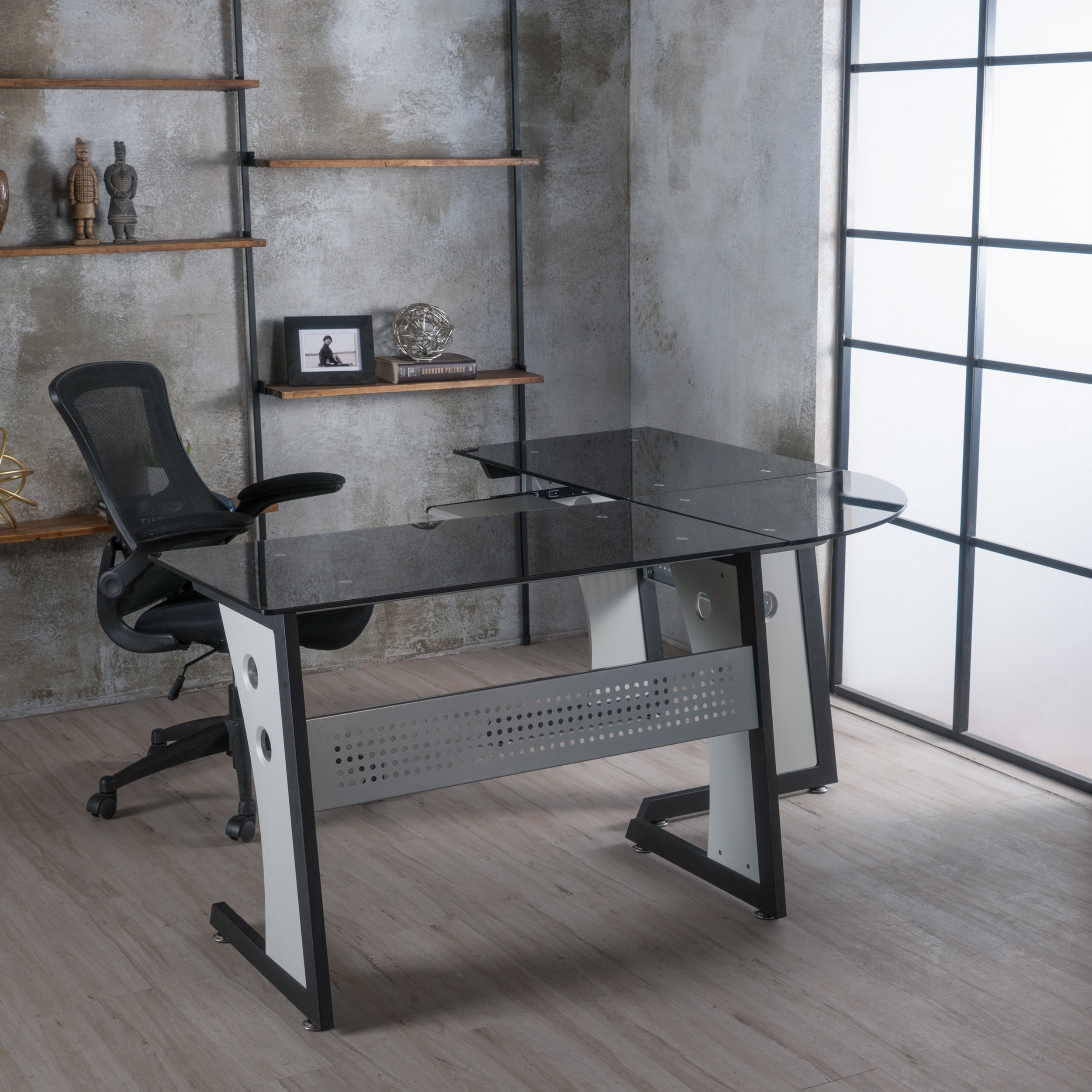 Orion L Shaped Office Desk With Tempered Glass Top Com