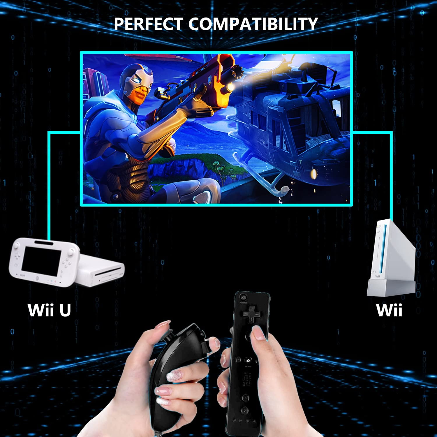 Wii Remote and Nunchuck Controller,Remote Controller with Motion Plus,Silicone Case and Wrist Strap for Wii/Wii U,Black