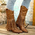 thumbnail image 4 of Women's Fringe Stud Chunky Heel Mid Calf Boots,Classic Pointed Toe Side Zipper Comfort Boots Retro Stacked Heel Western Cowgirl Cowboy Boots, 4 of 5