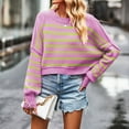thumbnail image 6 of PiGOGI Women's Striped Knit Sweater Round Neck Long Sleeve Loose Pullover Casual Fall Winter Fashion Tops Soft Comfort Purple XL, 6 of 6