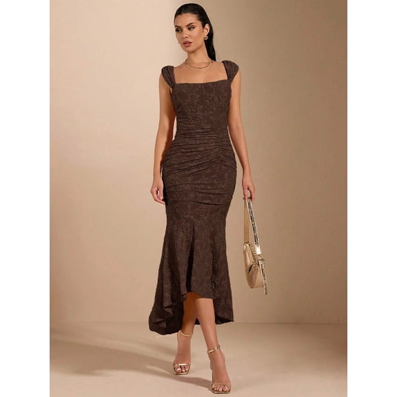 Coffee Brown Off-Shoulder Ruched Jacquard Midi Dress With Square Neckline And Asymmetrical Hem