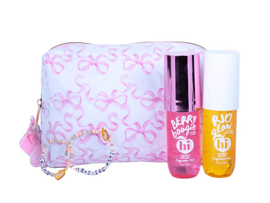 Hi Peach Layne Mommy and Me 5 Pieces Fragrance Mist Set, Pink Cosmetic Bag, Berry Bougie and Rio Glow Fragrance Mists 176ml, and Love You and More Bracelets