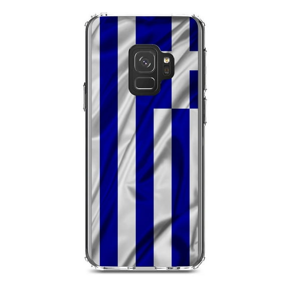 DistinctInk Clear Shockproof Hybrid Case for Samsung Galaxy S9 (5.8" Screen) - TPU Bumper, Acrylic Back, Tempered Glass Screen Protector - Greece Waving Flag