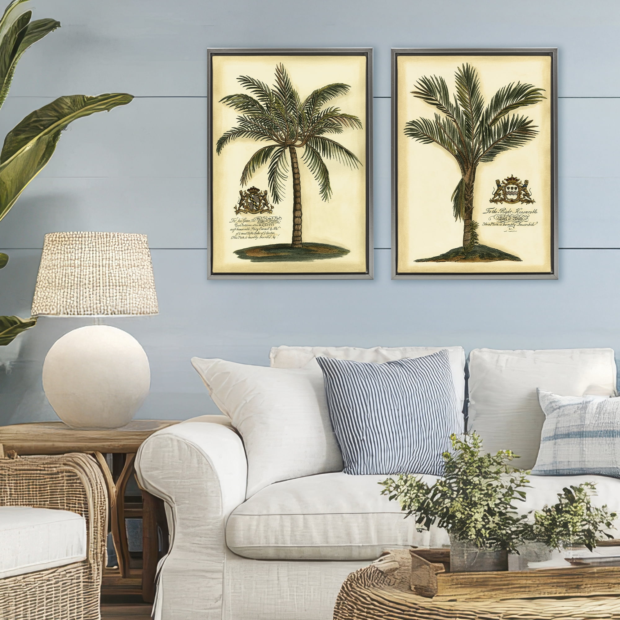Stupell Industries Vintage Historical Palms 2 Piece Gray Framed Floater Canvas Set, design by Vision Studio