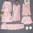 thumbnail image 3 of Women's Ice Silk Sexy Long Sleeve Thin Plus Size 5-Piece Pajama Set With Robe Pink Size XXXL, 3 of 4