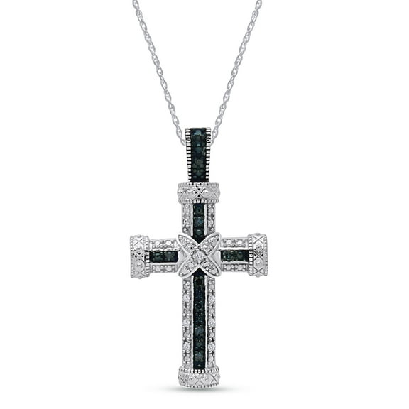 AFFY White & Blue Natural Diamond Cross Pendant Necklace In 14k White Gold Over Sterling Silver (0.1 Cttw)