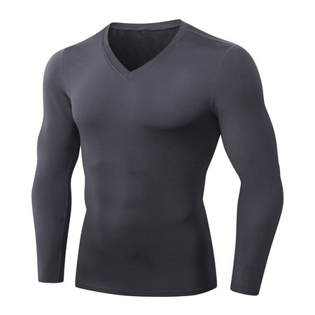 Ceisia Men Fleece Lined V Neck Long Sleeve Compression Shirt Quick Dry Thermal Fitness Workout Base Layer Top (Gray XXL) Father s Day Gift