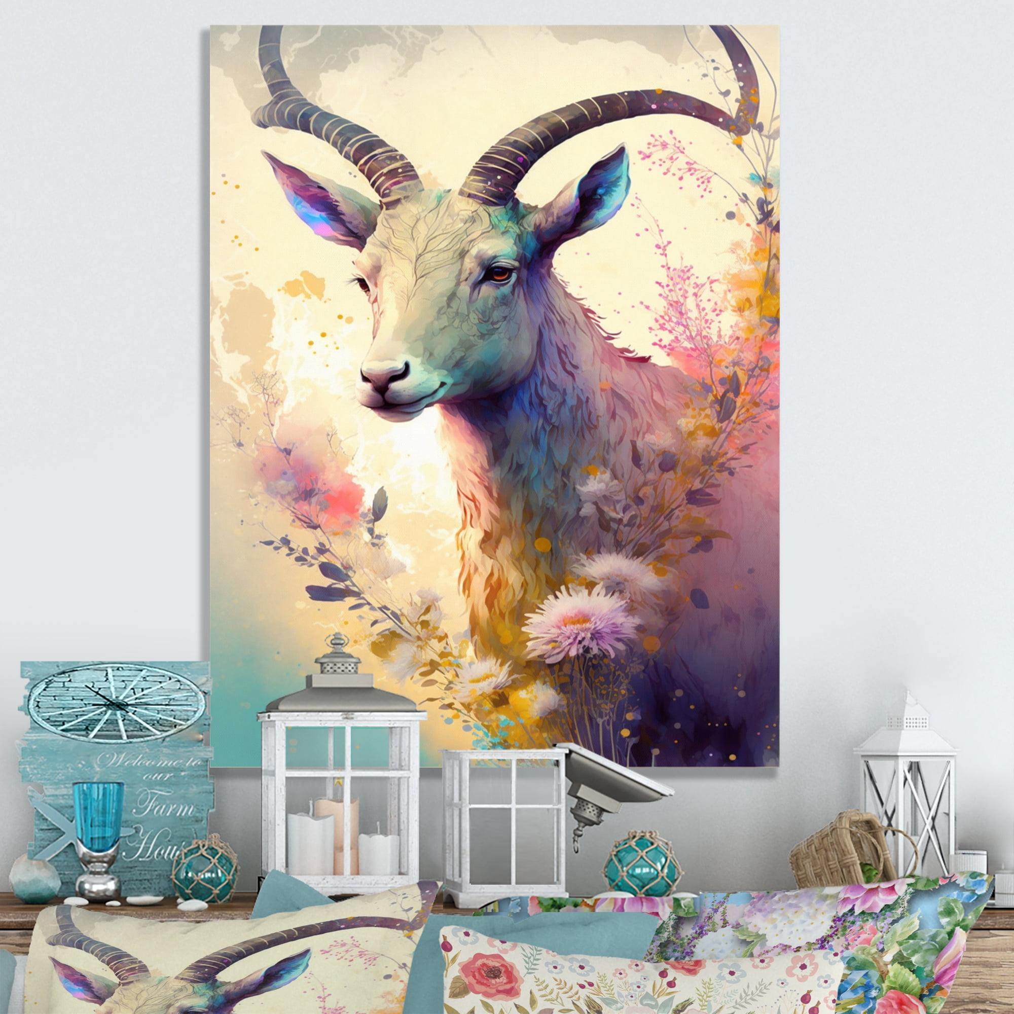 Designart Cute Goat Floral Art III Canvas Wall Art