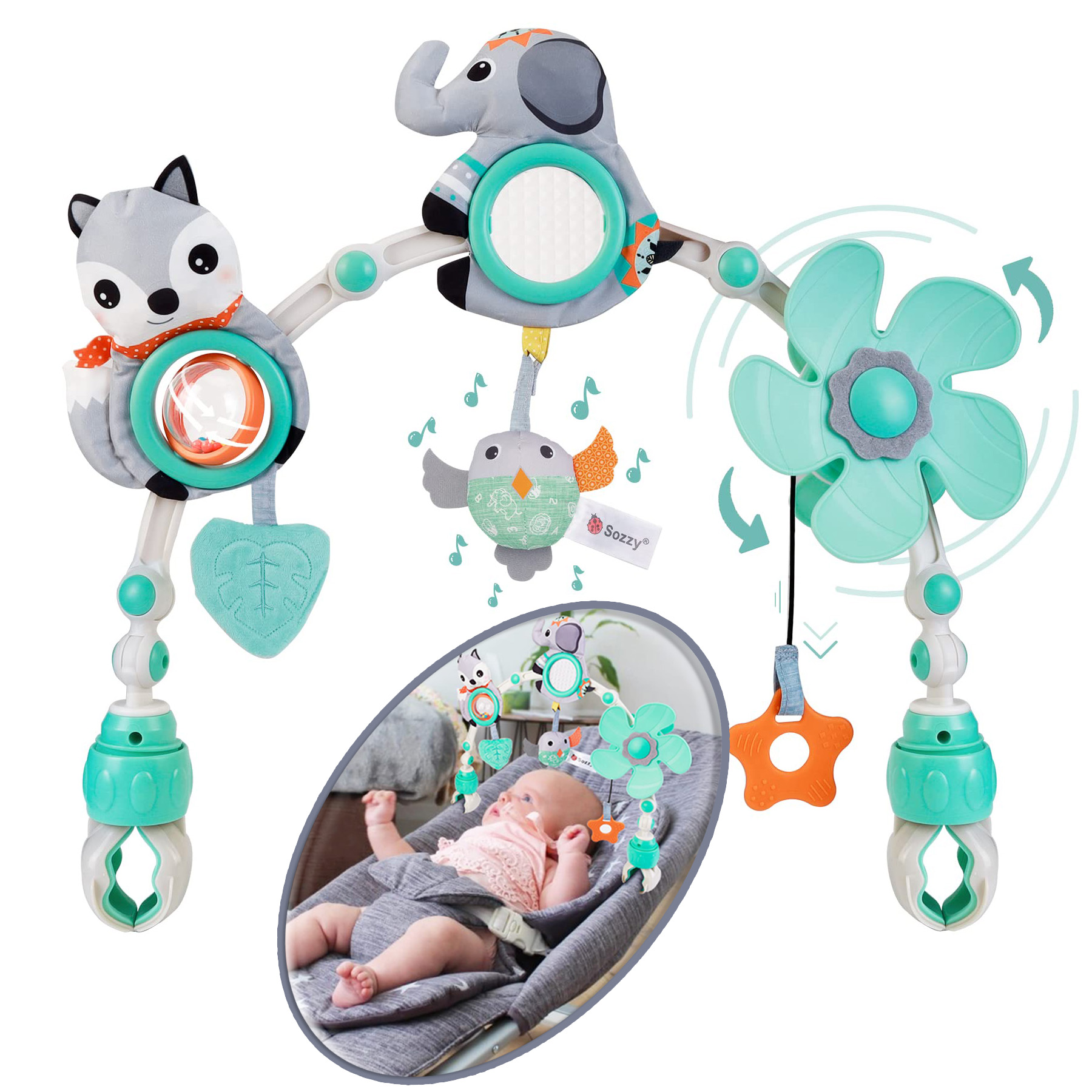 Baby Stroller Arch Toy Baby Crib Mobile Musical Animal Toys, Foldable Travel Car Seat Toy