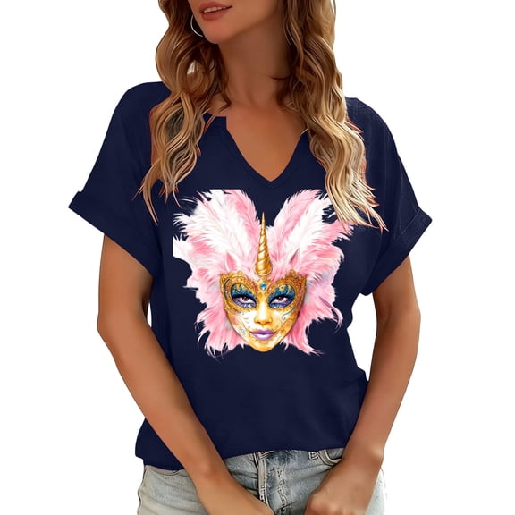 LEKWK Womens Mardi Gras Shirts Comfy Cotton Blend V Neck Graphic T Shirts Graphic Tees Colorful Feather Masquerade Mask Carnival Wear