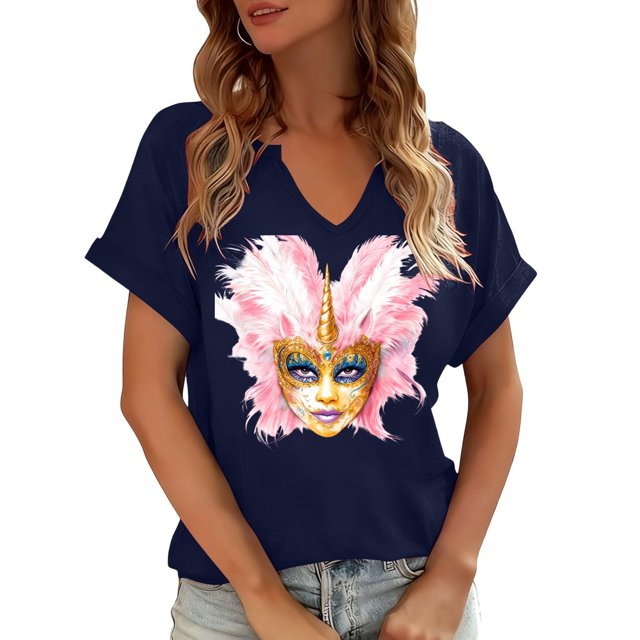 Xuyuer Mardi Gras V-Neck T-Shirt for Women Hearts Beads Carnival Tuesday Parade Loose Top short Sleeve Casual Tee Tshirts S-2XL Pattern T-Shirt - Casual Short-Sleeved Retro