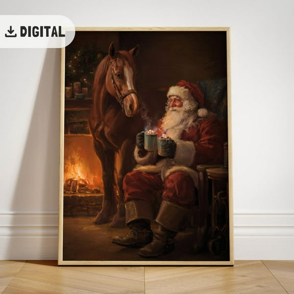 Santa And Horse Art Poster: Cozy Cottagecore Poster, Farmhouse Wall Decor, Unframed Poster Size 8x12