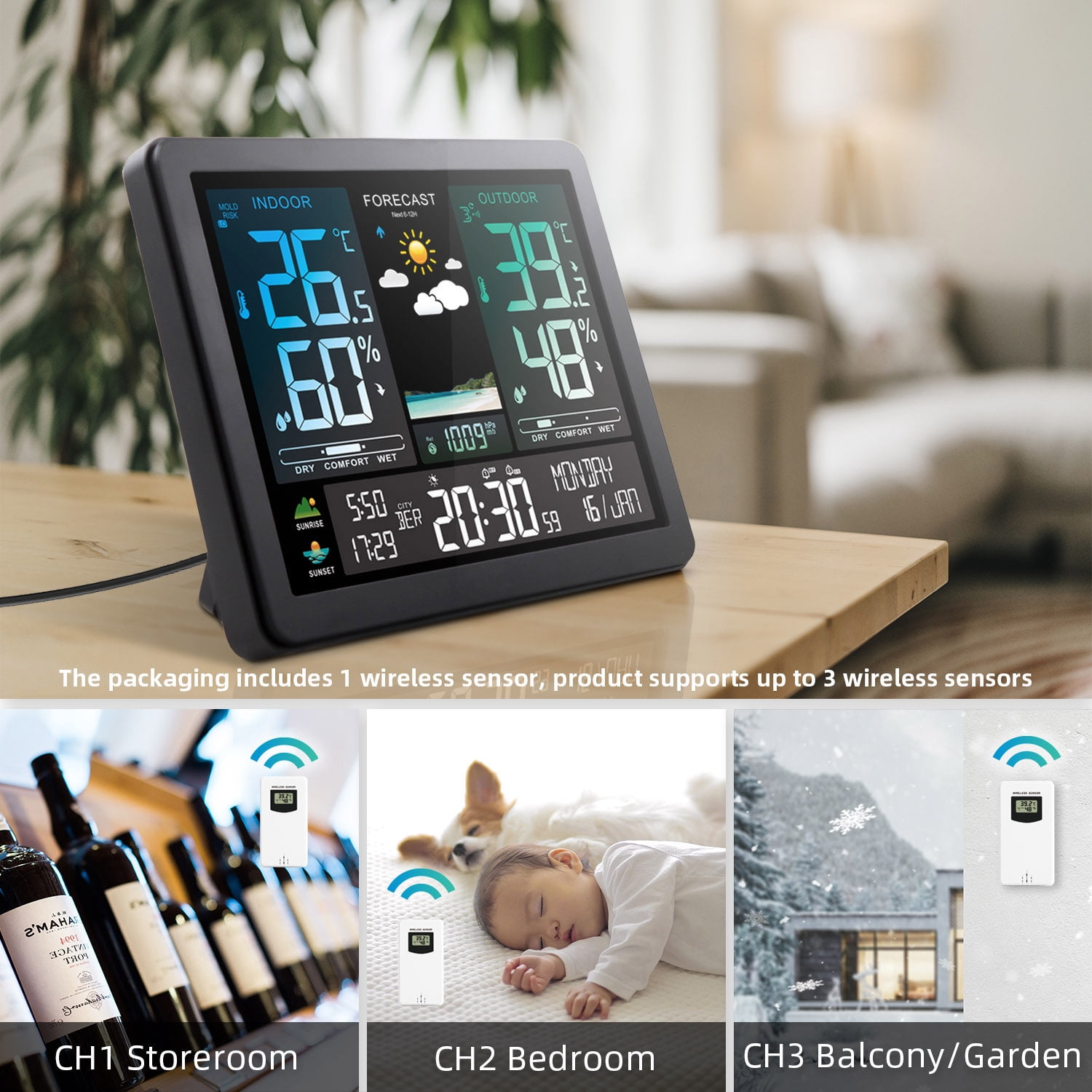 Weather station,Temperature Pressure Weather Screen Clock Temperature Pressure Weather Display Color Screen Clock Support Station Color Screen Display Alarm Clock Weather Station Huiop
