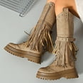 thumbnail image 6 of Chunky Lug Sole Riding Boots for Women Round Toe Tassel Studded Mid Calf Buckle Strappy Zipper Booties, 6 of 7