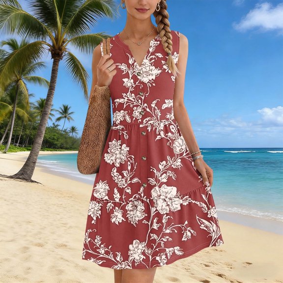 BRGZLK Summer Tank Dress for Women Summer Daily Casual Pleated Floral Print Split V-Neck Vacation Beach Sundresses Fashion Sleeveless Button-Down Flowy Midi Dress Red XXL