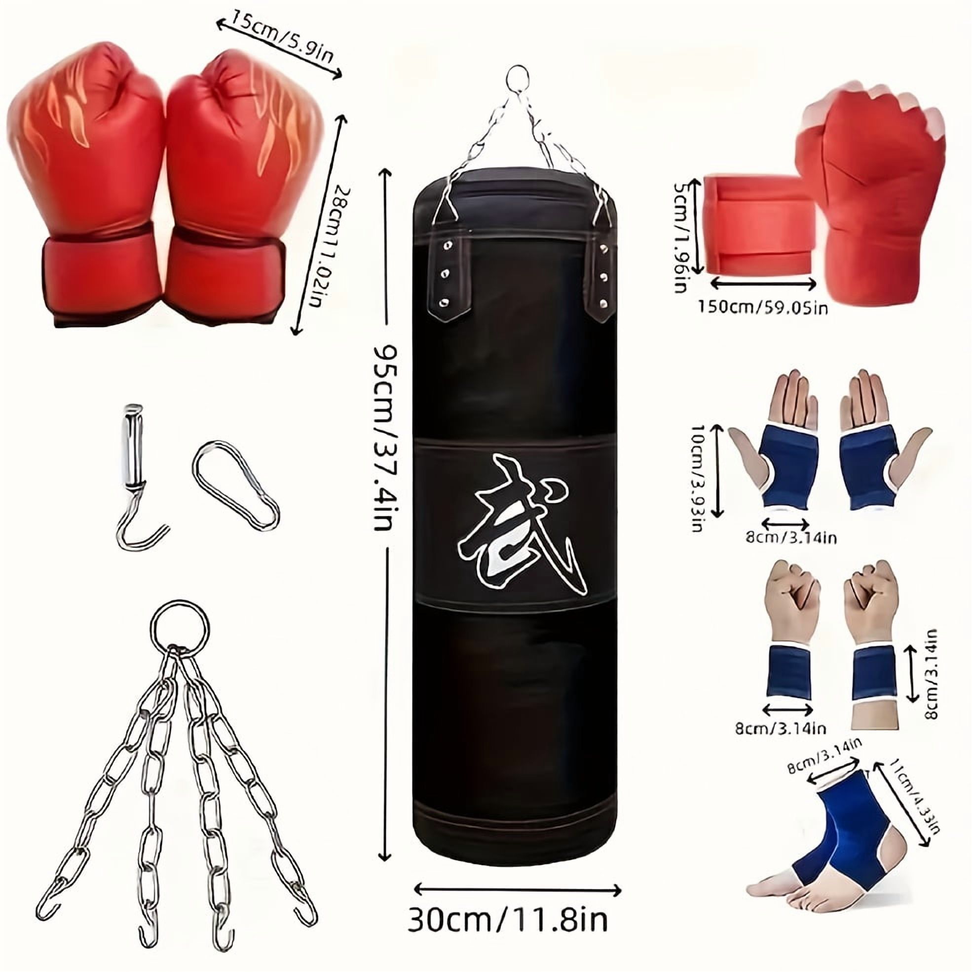 13 - Piece Boxing Punching Bag Set with Gloves – Durable Red/Black Hanging Heavy Bag (11.81" x 59.06"), Filled w/ Shredded Paper, Includes Hand Guards & Carabiners – Ideal for Adult Boxing/Taekwondo