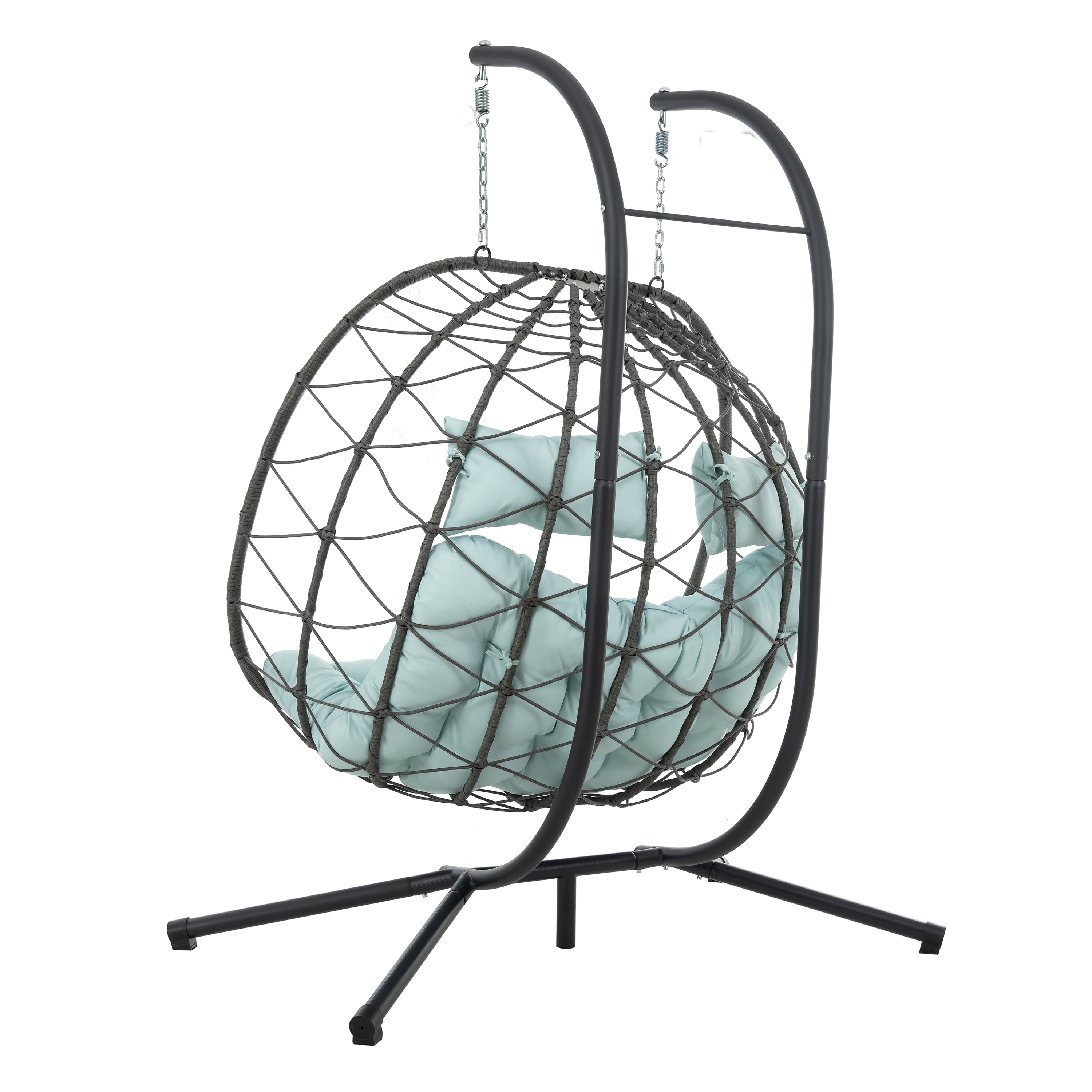 2 Persons Egg Chair with Stand, Indoor Outdoor Swing Chair Patio Wicker Hanging Egg Chair for Bedroom, Coral Blue