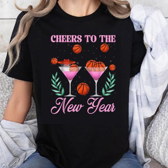 100% Cotton Cheers to the New Year Basketball Martini Cocktail Party Fun Christmas Holiday T-Shirt for Women Men Unisex