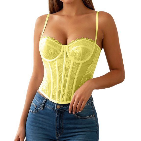 KHONTS Corset Tops for Women Going out Fall Fashion Crop Lace Outfit Y2k Spaghetti Strap Tank Tops Mesh Party Bustier Cami Tops Yellow XS
