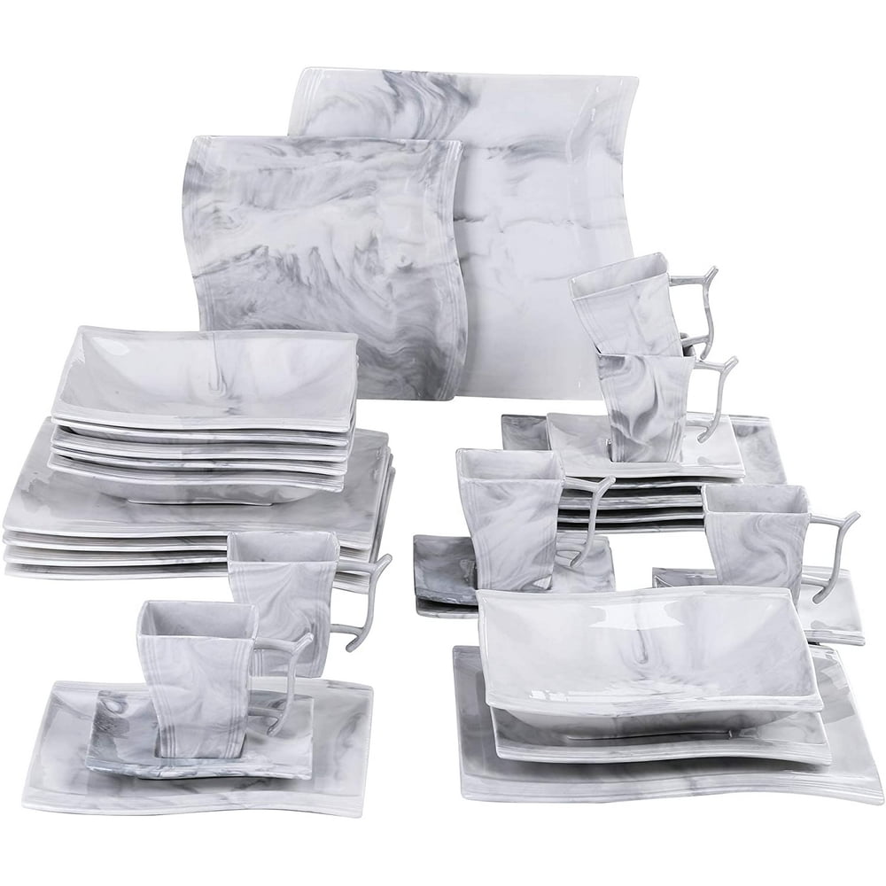 MALACASA, Series Flora, 30Piece Marble Grey Dinner Set Porcelain