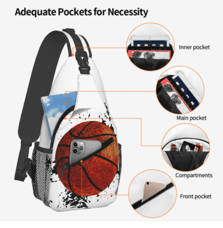 Stevemary abstract basketball Sling Bag Crossbody Chest Daypack Lightweight Canvas Backpack Shoulder Bag For Adult Travel Hiking For Camping Sport, 15.3x7.5x3.5 inch