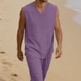 thumbnail image 2 of Mens 100% Cotton Linen Tank Tops Sleeveless T Shirts V Neck Loose Casual Summer Beach Basic Tank Shirts Purple, 2 of 7