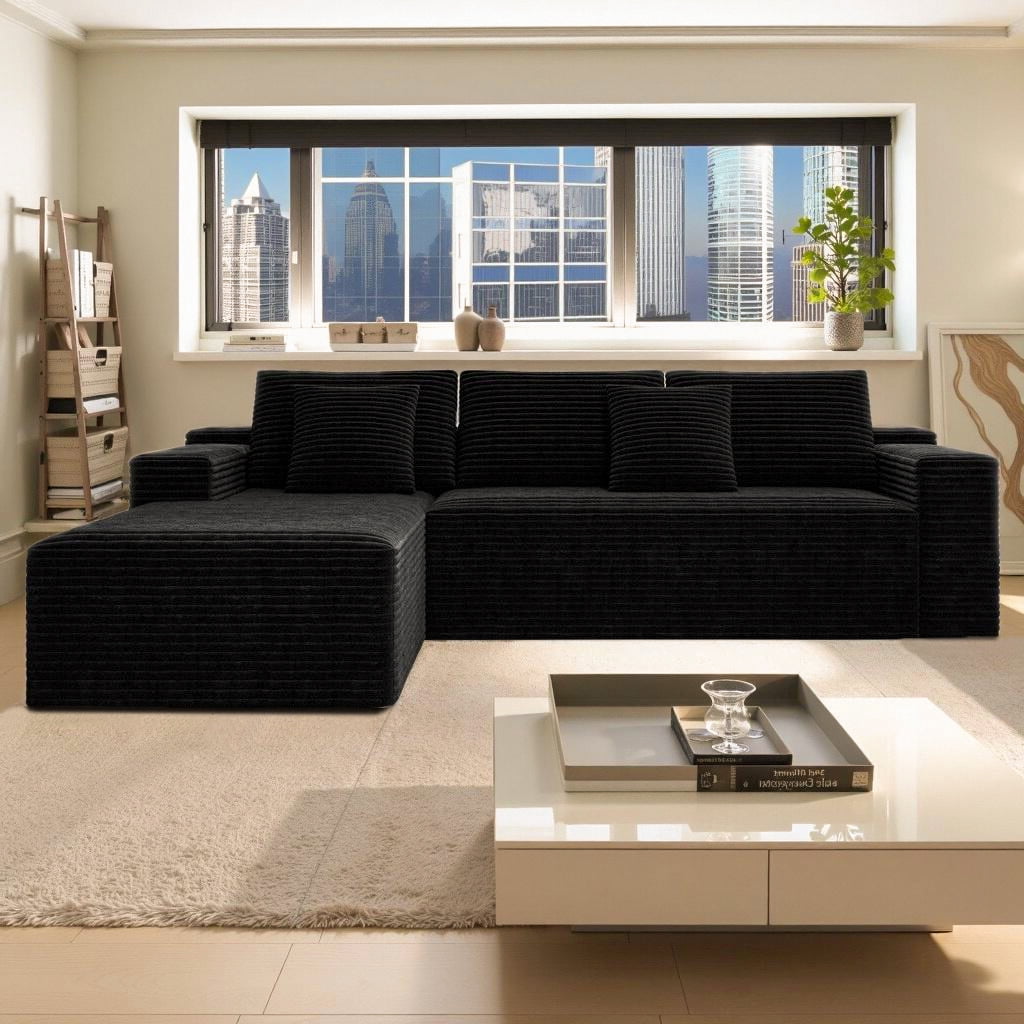 Aukfa 104" Modular Cloud Sectional Sofa with Left-Facing Chaise, Plush Corduroy Upholstered Deep Seat Couch, No Assembly Required for Living Room/Bedroom/Apartment, Black