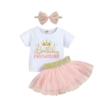 

One opening Toddler Baby Girls Summer Outfit Sets White Short Sleeve Letter Print Tops Shirt + Pink Tulle Skirt + Headband