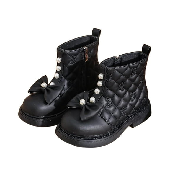 Black Childrens Pearl Bow Lined Cotton Princess Shoes In Casual Soft Sole Low Boots, Designed For Fall Winter Season