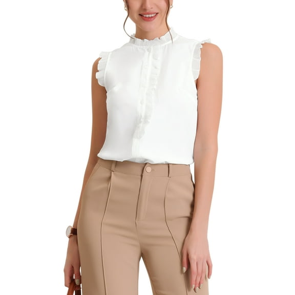 INSPIRE CHIC Women's for Sleeveless Shirt Button Up Solid Color Ruffle Summer Blouse XS White