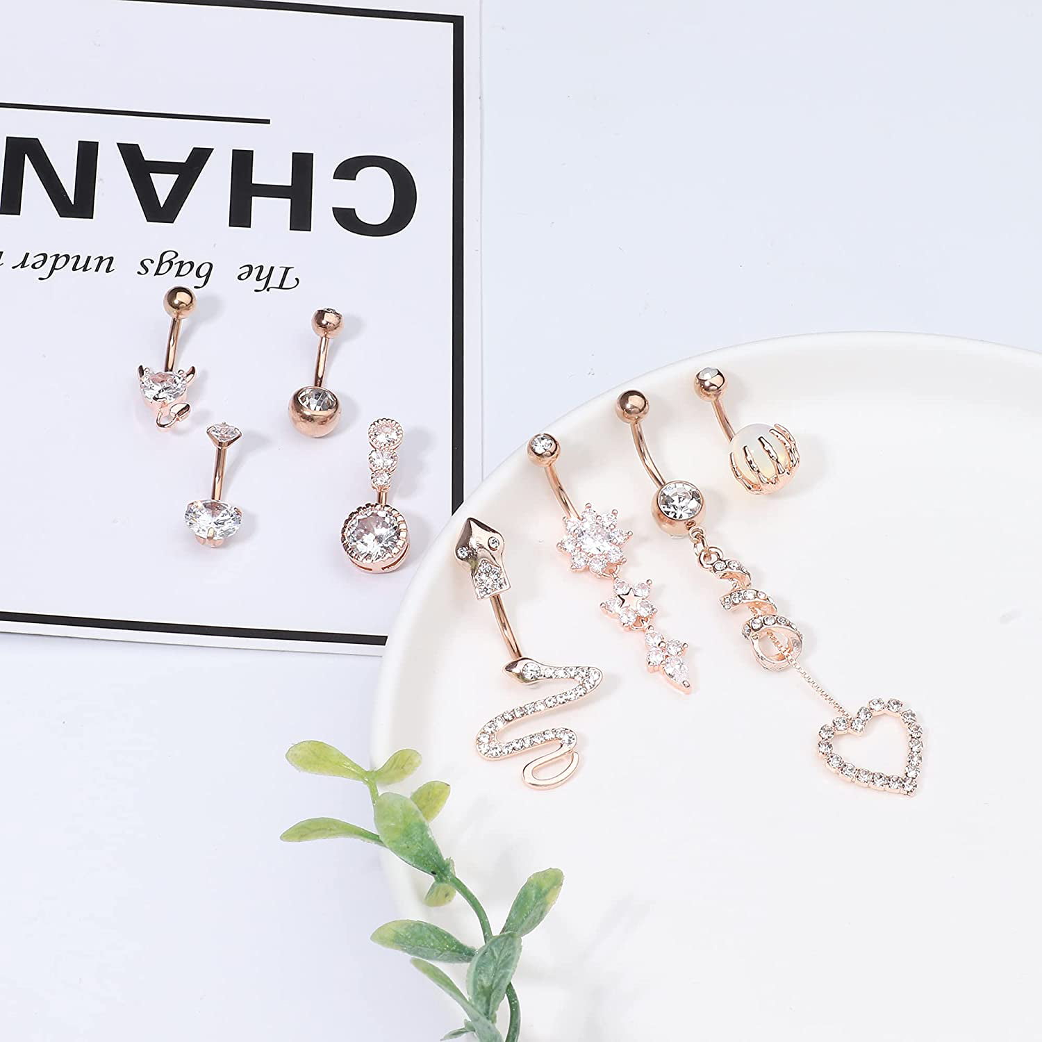 EVELICAL 8Pcs 14G Stainless Steel Belly Button Rings for Women Girls Round CZ Opal Acrylic Snake Dangle Screw Navel Bars Body Piercing Jewelry