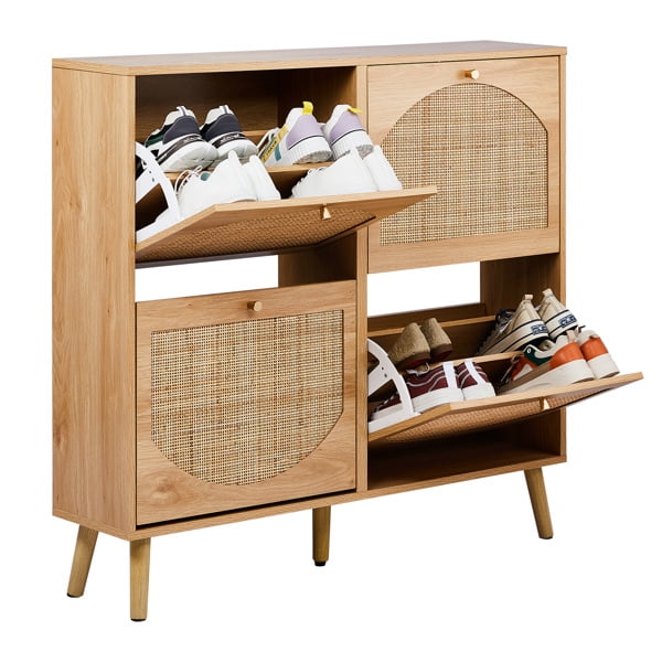 AsterOutdoor 2-tier Flip-Down Shoe Cabinet Natural Rattan Arched Front 8 Compartments MDF with Melamine, High Legs for Entryway