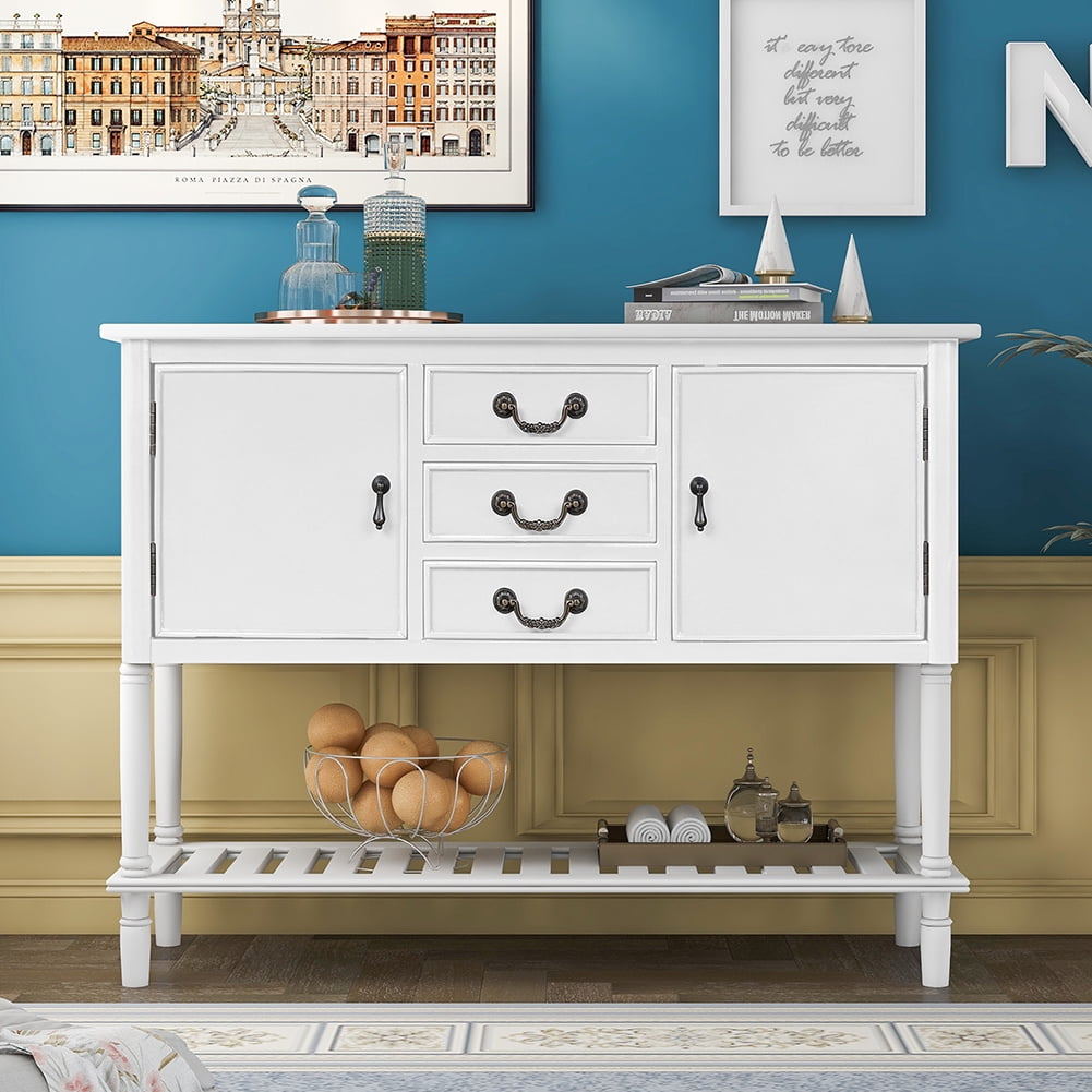 Lowestbest 45" Farmhouse Accent Entryway Table, Entry Table with 3 Drawers, 2 Cabinets and 1 Shelf (White) Lowestbest 45" Farmhouse Accent Entryway Table, Entry Table with 3 Drawers, 2 Cabinets and 1 Shelf (White)