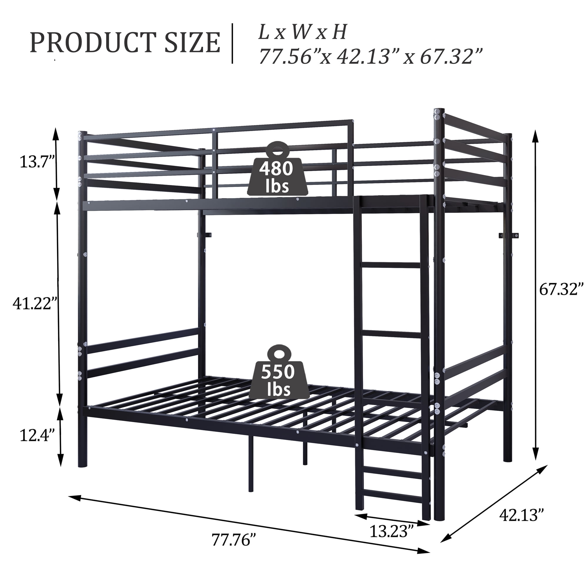 Twin Over Twin Metal Bunk Bed with High Guardrail & Ladder, Noise Free with Storage Space