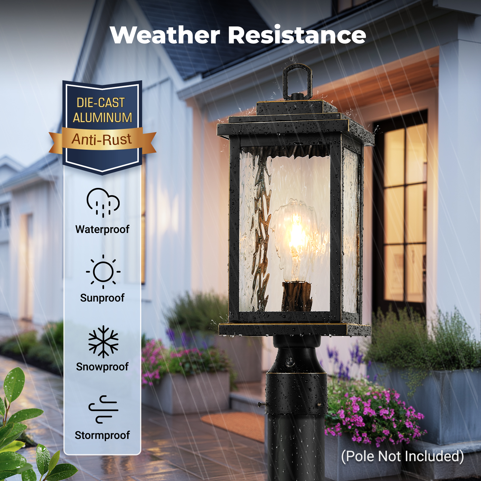 VIANIS Large Dusk to Dawn Outdoor Post Lights, Matte Black Hardwired Waterproof Outside Lamp Post with Pier Mount Base, 3-inch Aluminum Outdoor Post Light with Tempered Glass for Garage, Garden