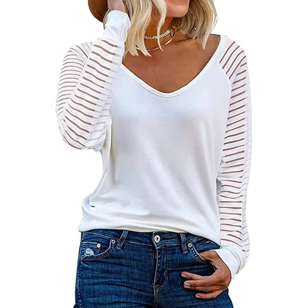 Camisa de manga larga de malla a rayas para mujer, blusa informal con cuello en V, tallas S a XXL